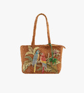 Vintage Parrot Woven Tote Bag with Palm Tree Charm