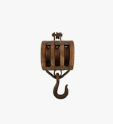 Antique Wood Triple Block Wheel Pulley with Iron Hook