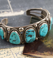 Rare Vintage Six Stone Turquoise Cuff in Sterling Silver