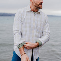 Model in Marin Button Down by Lake 