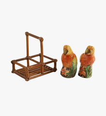 Vintage Parrot Salt & Pepper Shakers in Bamboo Basket