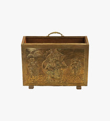 Antique Brass & Wood Magazine Rack with Coffin Style Sides