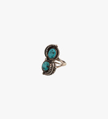 Double Turquoise with Two Feathers In Sterling Silver Size 7 Ring