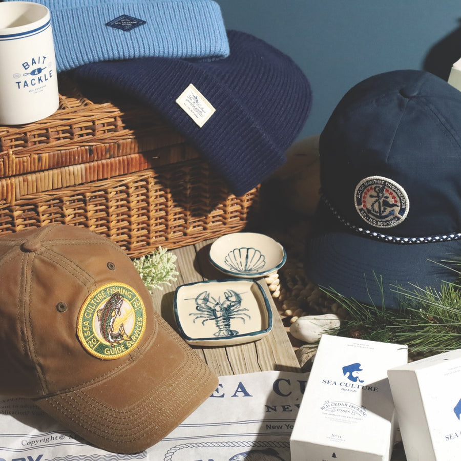 Sea Culture caps, beanies, coffee mug, ceramic dishes and incense