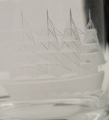 Vintage Etched Sailing Ship Frosted Glass Decanter & Rocks Glasses