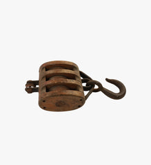Antique Wood Triple Block Wheel Pulley with Iron Hook