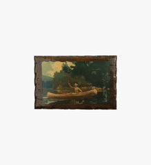 Vintage Painting of Winslow Homer in Canoe Fishing on Wood " The North Woods"